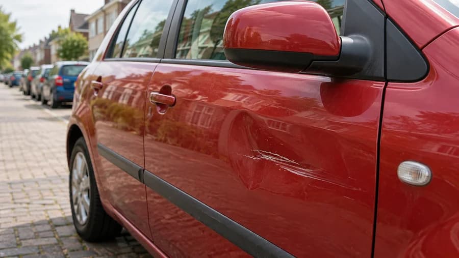 Een kras en kleine deuk in de deur van een gebruikte auto
