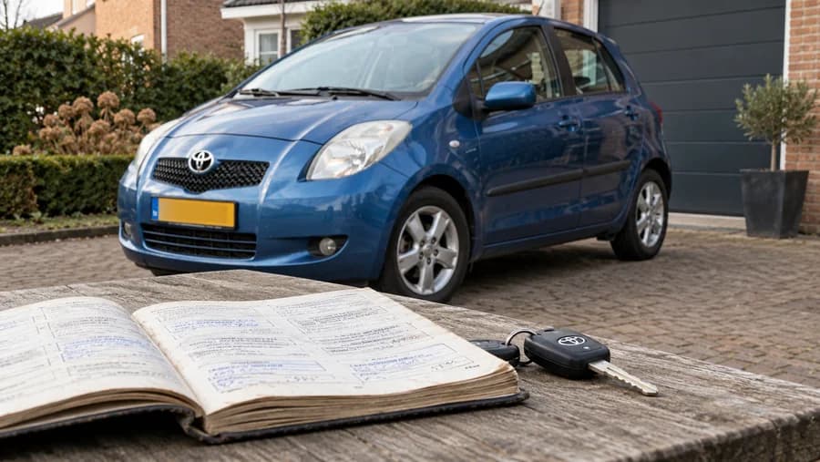 Een oudere blauwe Toyota Yaris met zijn onderhoudsboekje