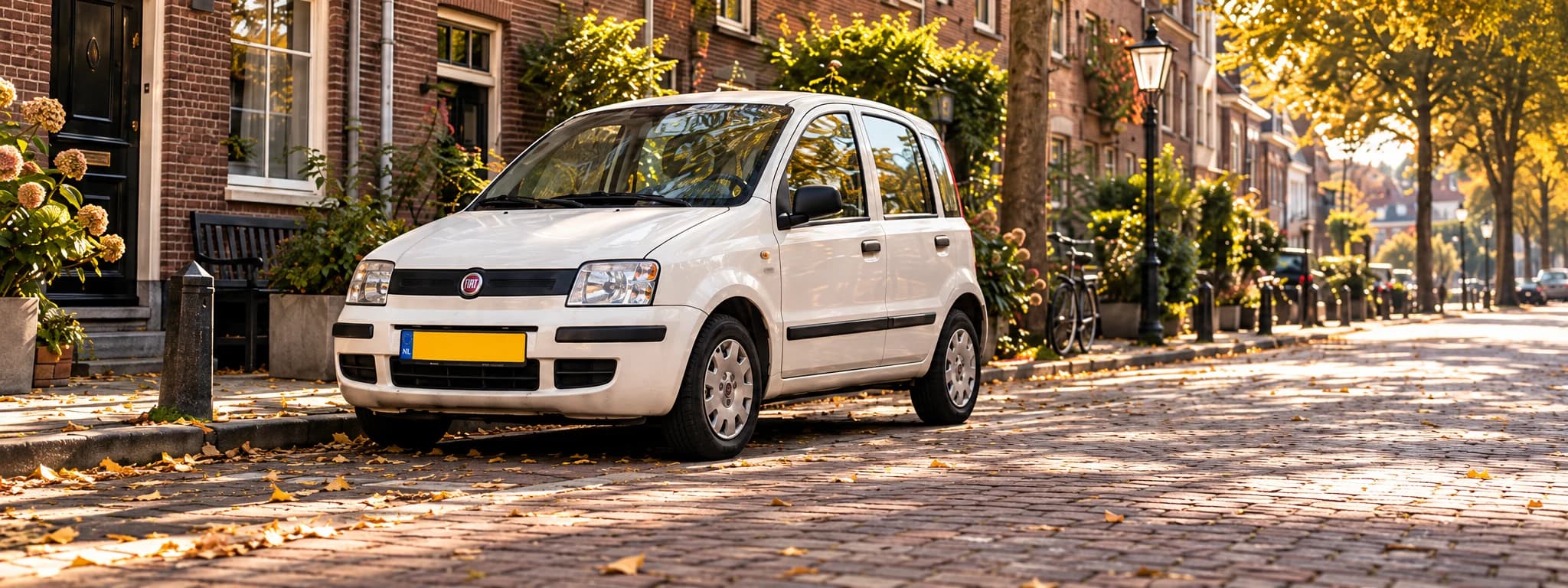 Een witte Fiat Panda in een zonnige Nederlandse woonstraat